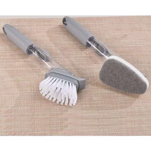 2 In 1 Long Handle Brush Kitchen Anti-Slip Automatic Adding Detergent To Clean The Pot Brush with Removable Brush Sponge