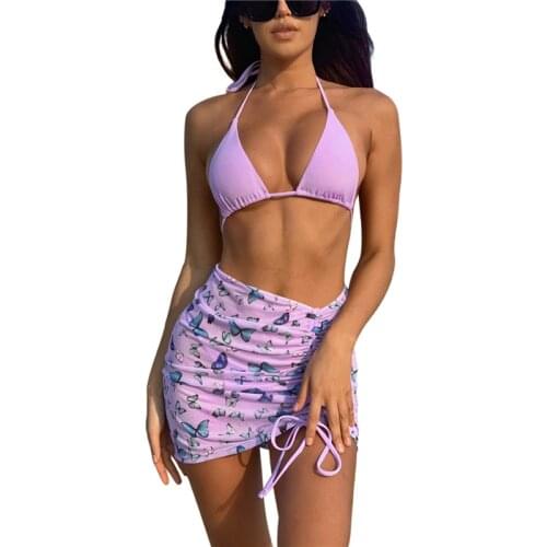 3Pcs Women Swimsuit Halter Bikini Butterfly Print Drawstring Design Summer Swimming Suit Clothing Vestidos De Playa Para Mujer