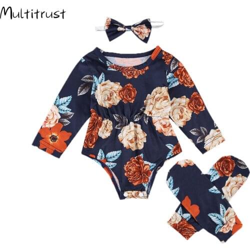 3 Pcs Baby Girl Clothes Casual Clothes Round Neck Long Sleeve Flower Print Bodysuits Loose Leg Warmer+ Bow Headband
