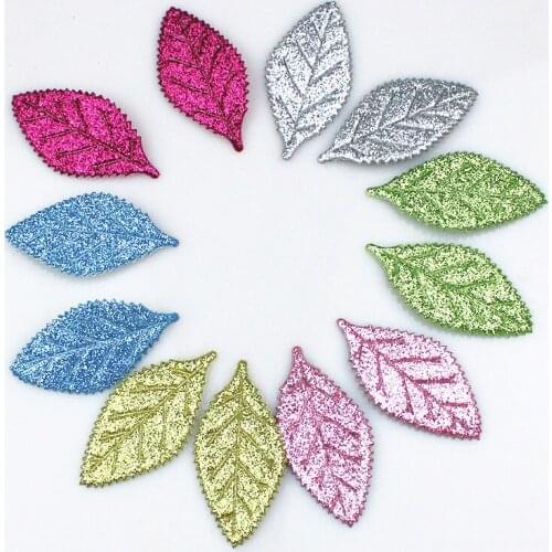 30 - 100Pcs 55mm Glitter leaves Shape Composite Gold Powder Cloth Appliques Wedding Making DIY Scrapbook Kids Hairpin Supplies