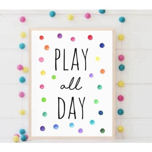 Watercolor Rainbow Polka Dots Print Nursery Decor Play All Day Canvas Poster Art Painting Picture Playroom Wall Art Decoration