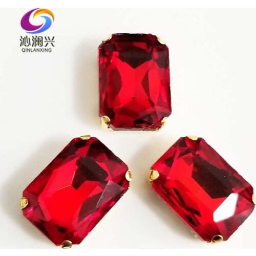 Free shipping Red Rectangle shape Glass Crystal sew on stones,golden bottom claw rhinstones,Diy/Clothing accessories SWCG06