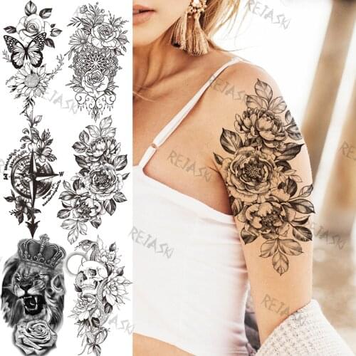 Black Big Peony Temporary Tattoos For Women Girl Compass Lion Realistic Fake Tattoo Sticker Snake Butterfly Arm Waterproof Tatoo
