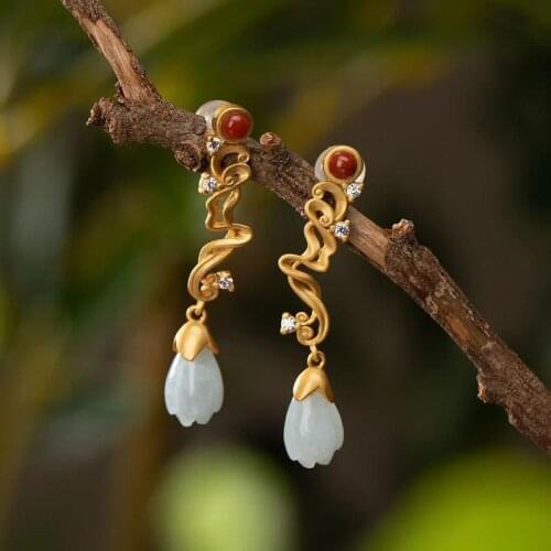 Designers unique craftsmanship ancient gold inlaid orchid chalcedony long earrings Chinese style fashion ladies silver jewelry