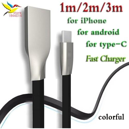 3D Zinc Alloy USB long Cable Charger diamond Power Cord 1m/2m/3m for 8pin iPhone 7 type c p9 5pin android Fast pass 2A 500 pcs