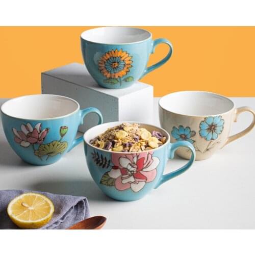 Ceramic Coffee Mug With Spoon Retro Creativity Hand Painted Rural Flower and Bird Style Home Milk Oatmeal Breakfast Cup