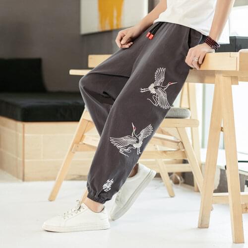 Japanese Print Crane Kimonos Men Pants Loose Harajuku Trousers Japan Traditional Asian Yukata Clothing Embroidered Harem Costume