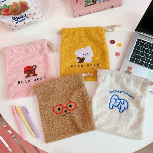 Korean Cute Cartoon Bear Desktop Stationery Pencil Storage Bag Large Capacity Cosmetic Storage Bag Drawstring Desktop Organizer