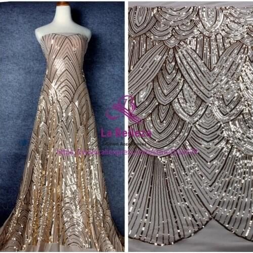 Gold black sequins on netting embroidered lace fabric for evening wedding dress lace fabric 130cm by yard