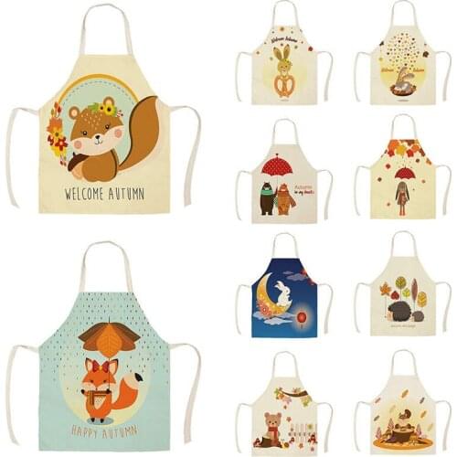 Happy autumn cute animal Kitchen Apron For Woman Sleeveless Cotton Linen Aprons Cooking Home Cleaning ToolsJ933
