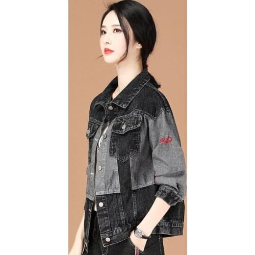 Splicing Denim Jacket Korean Letter Embroidery Loose Chaquetas Mujer Coat Long Sleeve Outerwear Jacket Women Veste Femme Tops