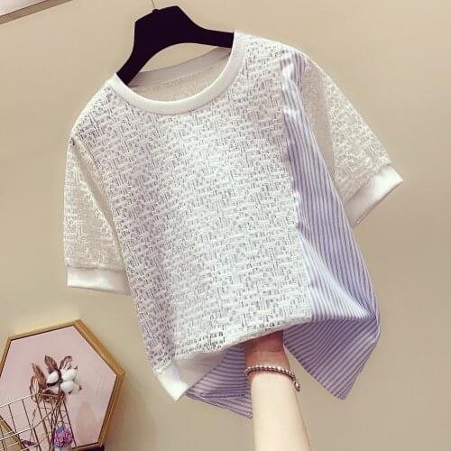 Irregular lace patchwokr women t-shirts 2020 summer new hollow out solid A-line lady elegant pulls tops tees