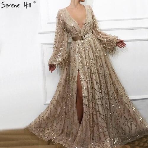 Serene Hill Latest Luxury Sequined Sparkle Evening Dress 2020 Dubai Long Sleeves V-Neck Sexy Formal Party Wear Gown CLA60789