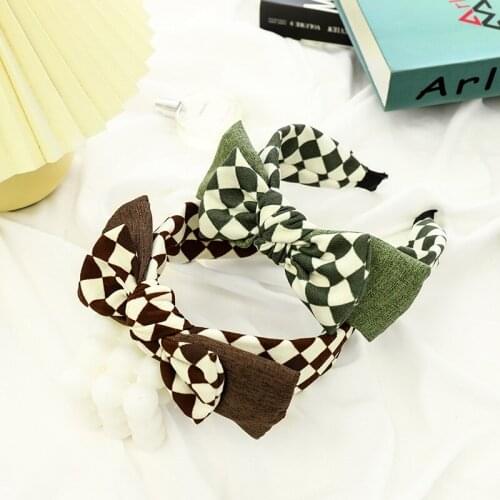 Autumn And Winter Simple Contrast Color Plaid Retro Ladies Headband Double Bow Girl Headband