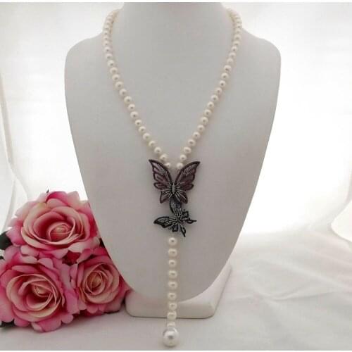 Handmade 8-9mm white freshwater cultured pearl micro inlay zircon accessories butterfly buckle flower sweater necklace 56cm