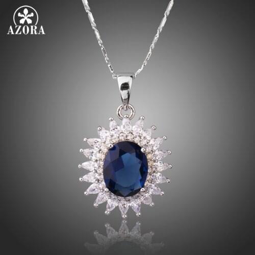 AZORA Fashion Sunflower Shape Pendant Necklaces For Women Luxury Big Round Blue Cubic Zirconia Wedding Fashion Jewelry TN0230