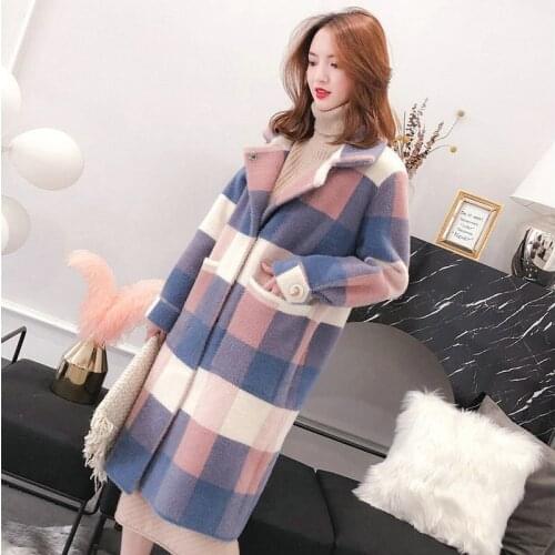 Autumn Winter Thick Imitated Mink Plaid Coat Female Long Korean Style 2019 New Lattice Coat Warm Woolen Ladies Coats DD2395