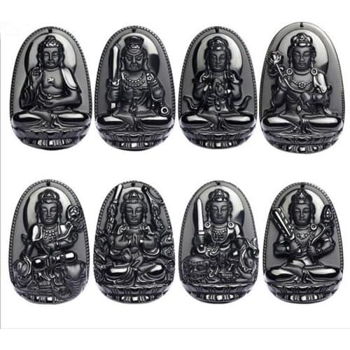 Natural Obsidian Pendant Eight Guardian Twelve Zodiac Natal Buddha Mascot Amulet Lucky Necklace Opening For Women Men Big Size