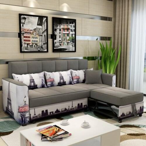 Simple small apartment sofa bed foldable stainless steel iron frame living room furniture cloth art double multifunctional sofa