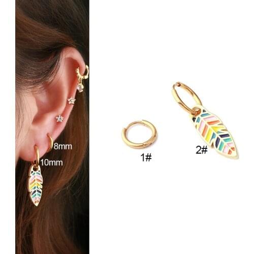 1PC Bohemia Colorful Enamel Leaf Pendant Dangle Earrings Women Irregular Ear Buckle Huggie Rook Snug Cartilage Piercing Jewelry