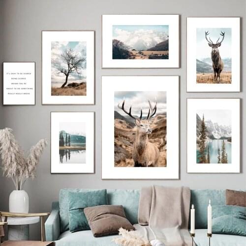 Pine Forest Calm Lake Deer Snow Mountain Nordic Posters And Prints Wall Art Canvas Painting Wall Pictures For Living Room Decor