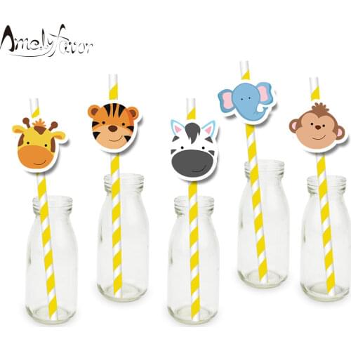 Safari Animal Theme Baby Animals Straw Paper Straws Kids Birthday Party Decorations Supplies Drinking Straws Baby Shower 25 PCS