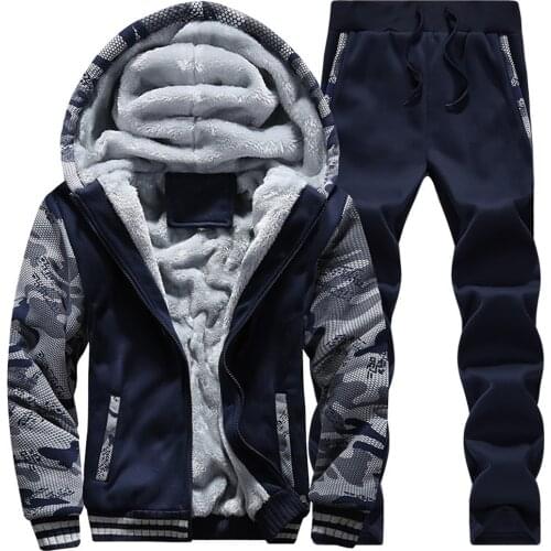 Track suit mens sports fleece thick hooded brand clothing casual track suit mens jacket + pants warm fur inner wear winter swe