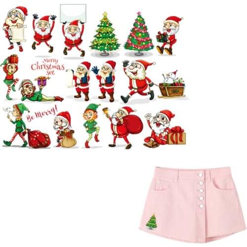 Cartoon Santa Claus Appliques Heat Transfer Fashion Diy Accessory Iron On Stickers Clothes Applique Clothes Christmas Set