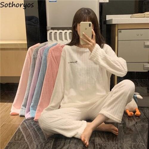 Thicker O-neck Women Pajama Sets New Printed Simple Solid Warm Spring Fashion Leisure Sleepwear Korean Style Long Sleeve Chic