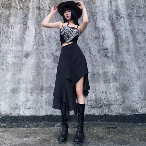 SXGOTH Jupe Skirt Alt Halloween Bottoms Moulante Gothic Pleated Taille Haute Vetement Femme Ruched Midi Egirl Punk Bodycon Split