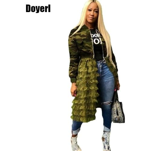 Plus Size Camouflage Jacket Women Autumn Coat Streetwear Long Sleeve Army Green Mesh Patchwork Casual Bomber Jacket Women