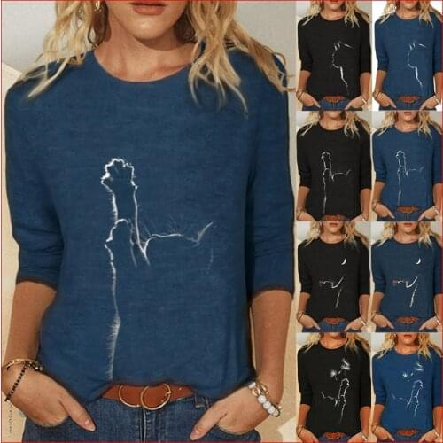 Women Clothes Spring Autumn Casual Pullovers Womens Clothing Funny Cute Cat 3D Print Long Sleeve T-Shirts Ladies Fashion Tops