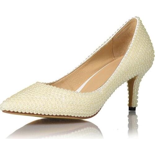 Fashion Decoration With Pearl Ladies European Style Shoes Patent Leather Thin Heels 8.5CM Shoes For Wedding Party Size 36-41