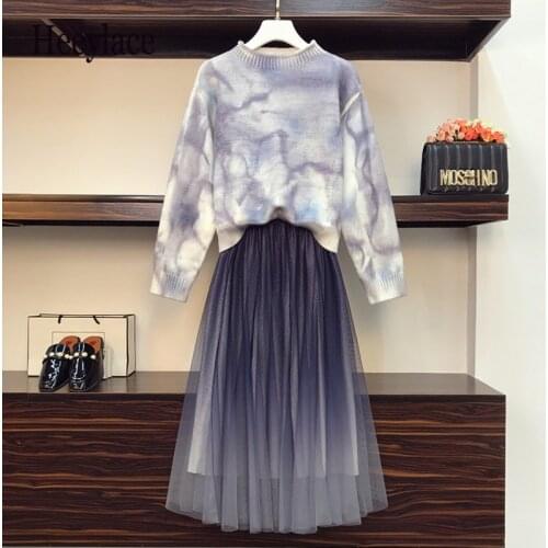 Plus Size 4XL Autumn Winter Thick Two Pieces Set Women tie dye Long Sleeve knitted sweater + Purple gradual Mesh skirt suits