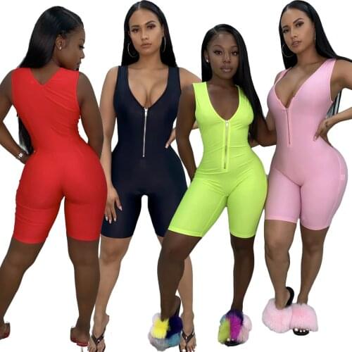 Women Sleeveless Solid Playsuit 2020 Skinny V Neck Playsuit Fashion Club Party Streetwear Body Outfits Summer Romper Plus Size