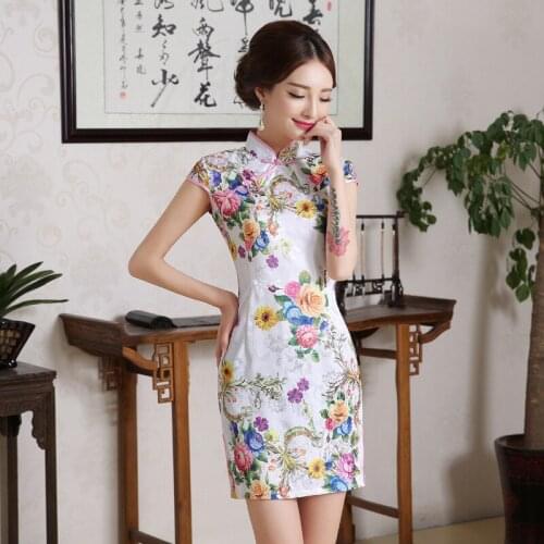 New Summer Traditional Chinese Clothing Cheongsam Vestido Short Sleeve Female High Neck Qipao Unique Party Evening Dresses