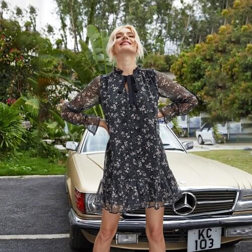 Summer Boho Floral Print Chiffon Hollow Long Sleeve Loose Waist Elegant Dress Women Casual Ruffle Patchwork Sweet Dresses