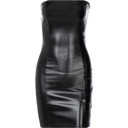 066F Women Sexy Faux Leather Strapless Tube Top Black Bodycon Mini Dress Clubwear