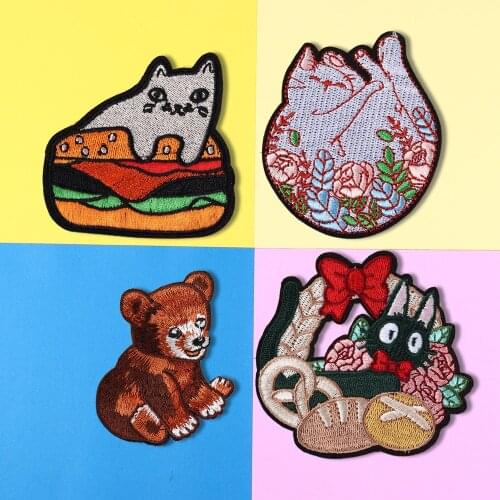 1PCS Animal Flower bush cat Patches Iron On Embroidery Hamburger cat Cloth Appliques 3D Diy Cartoon Bear Clothes Decor