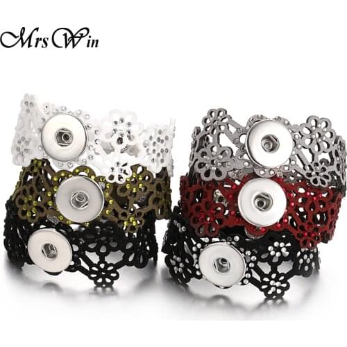 10pcs/lot New Snap Jewelry Bracelets Hollow Out Flower Crystal Leather Snap Button Bracelet for Women Wholesale Leather Bracelet