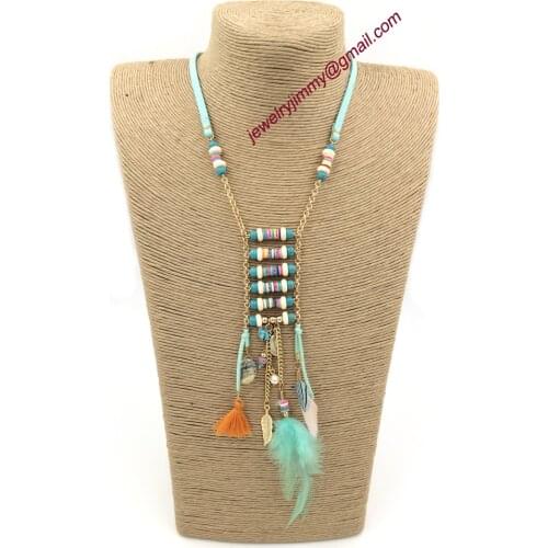 2015New personalized handmade jewelry supplier unique boho feather pendant long Necklaces for women