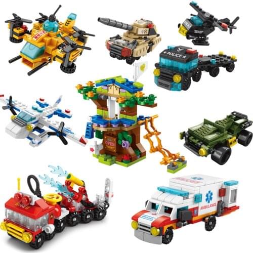 6IN1 City Fire Police Army Engineering Ambulance Street View Girls Building Blocks Tank Helicopter Truck Car Bricks Children Toy
