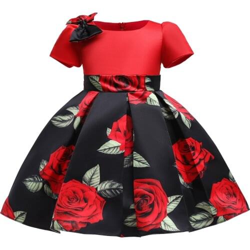 Rose Print Dresses for Girls Satin Bow Short Sleeve Princess Dress Kids Birthday Party Christmas Costume Children Summer Clothes