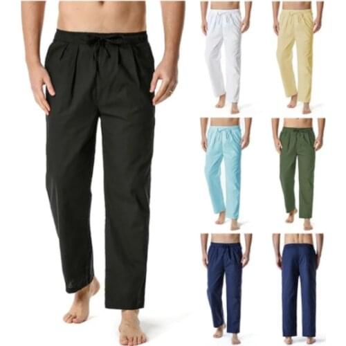 Mens High Waist Trausers Summer Pants Clothing Novelty 2021 Linen Loose Cotton Elastic Band Thin Work Vintage Wide Legs Pants