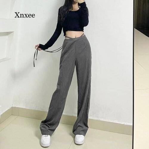 Summer Lace Up Straight Trousers High Waist Vertical Stripes Long Wide Leg Pants Sexy Fashion Lady Women Streetwear Y2K Bottoms