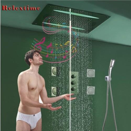 Shower Set Music FM Radio Bluetooth Shower Faucets Thermostatic Mixer Valve Massage Jet Square Rain Shower Head column 800x600mm