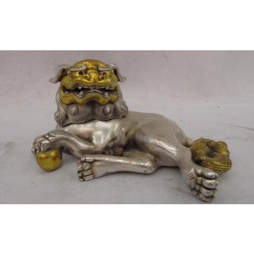 Chinese Buddhism Copper silver Gild Evil Fu Foo Dog Lion Censer incense burner
