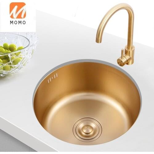 Stainless Steel Kitchen Sink Round Bar Mini Small Number Round Sink 304 Undermount Embedded Single Sink 42 CM Gold
