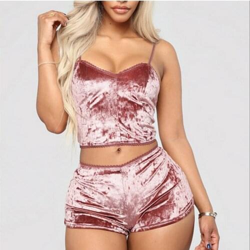 Womens Sexy Velvet 2 Piece Pajama Set Spaghetti Strap Crop Top Camisole and Shorts Sleepwear
