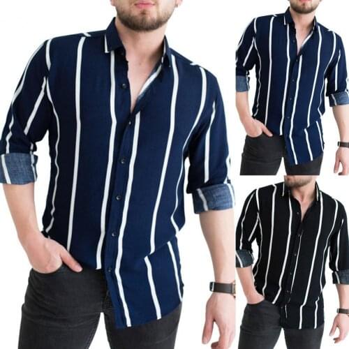 Striped Print Men Shirt Turn-down Collar Top Long Sleeve Buttons Closure Business Shirt Male Clothing